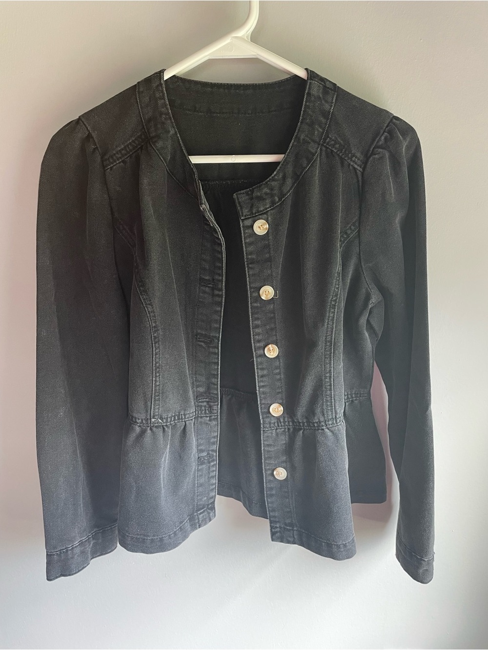Women's Black Button-Front Peplum Denim Jacket